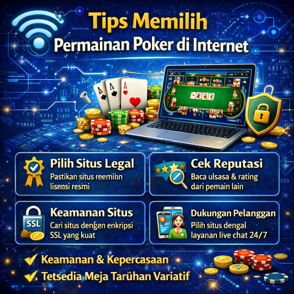 Tips memilih permainan poker di internet: pilih platform stabil, transparan biaya, meja aktif, CS responsif, serta opsi demo agar kamu yakin sebelum main.